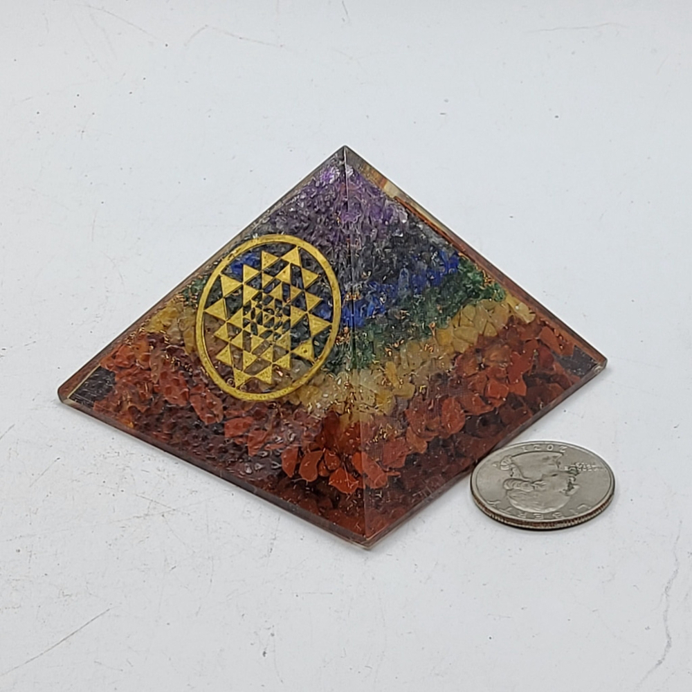 Chakra Orgonite Pyramid with Golden Sri Yantra Symbol Meditation Yoga